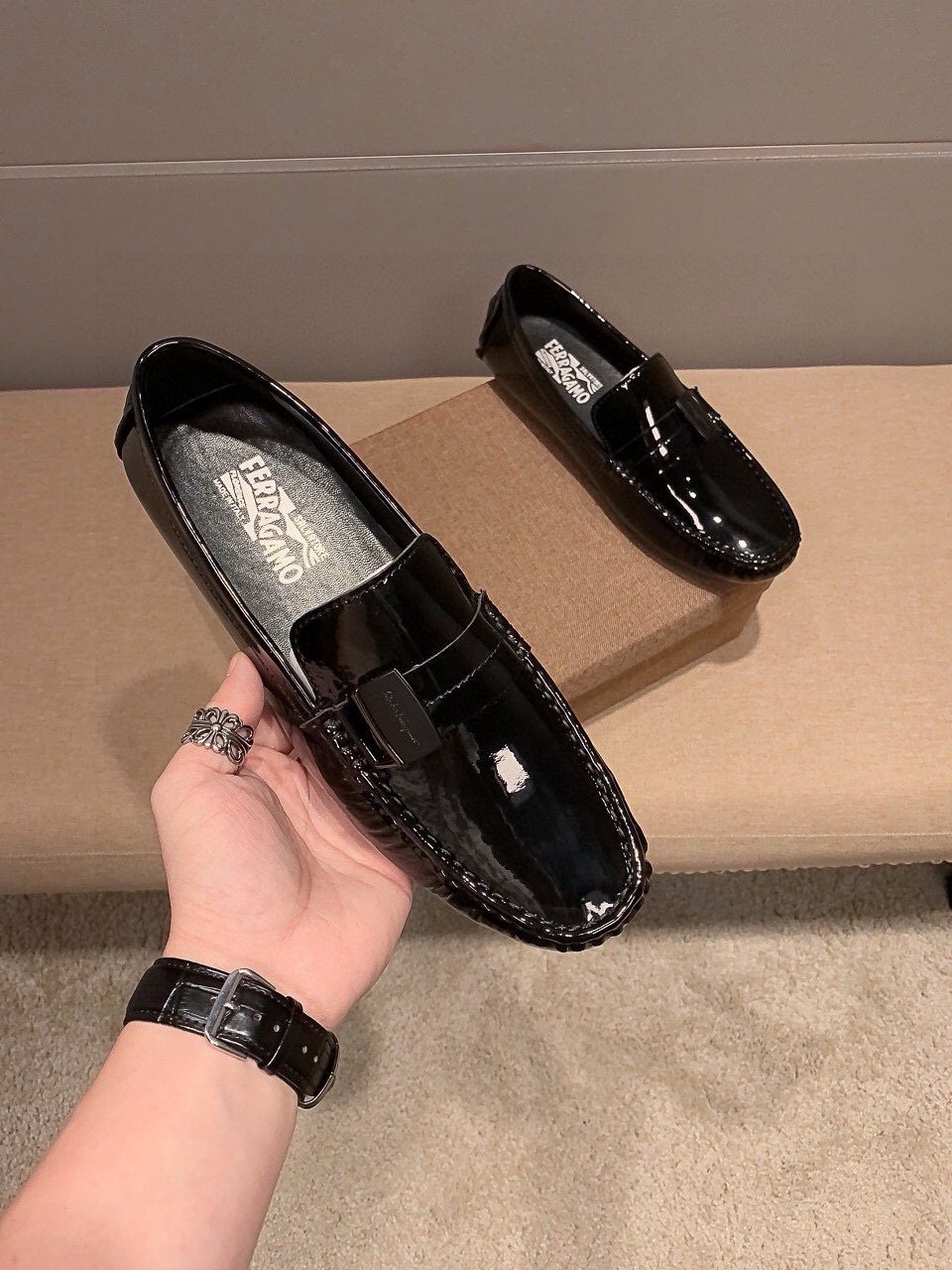 Ferragamo Black Patent Leather Loafers — front