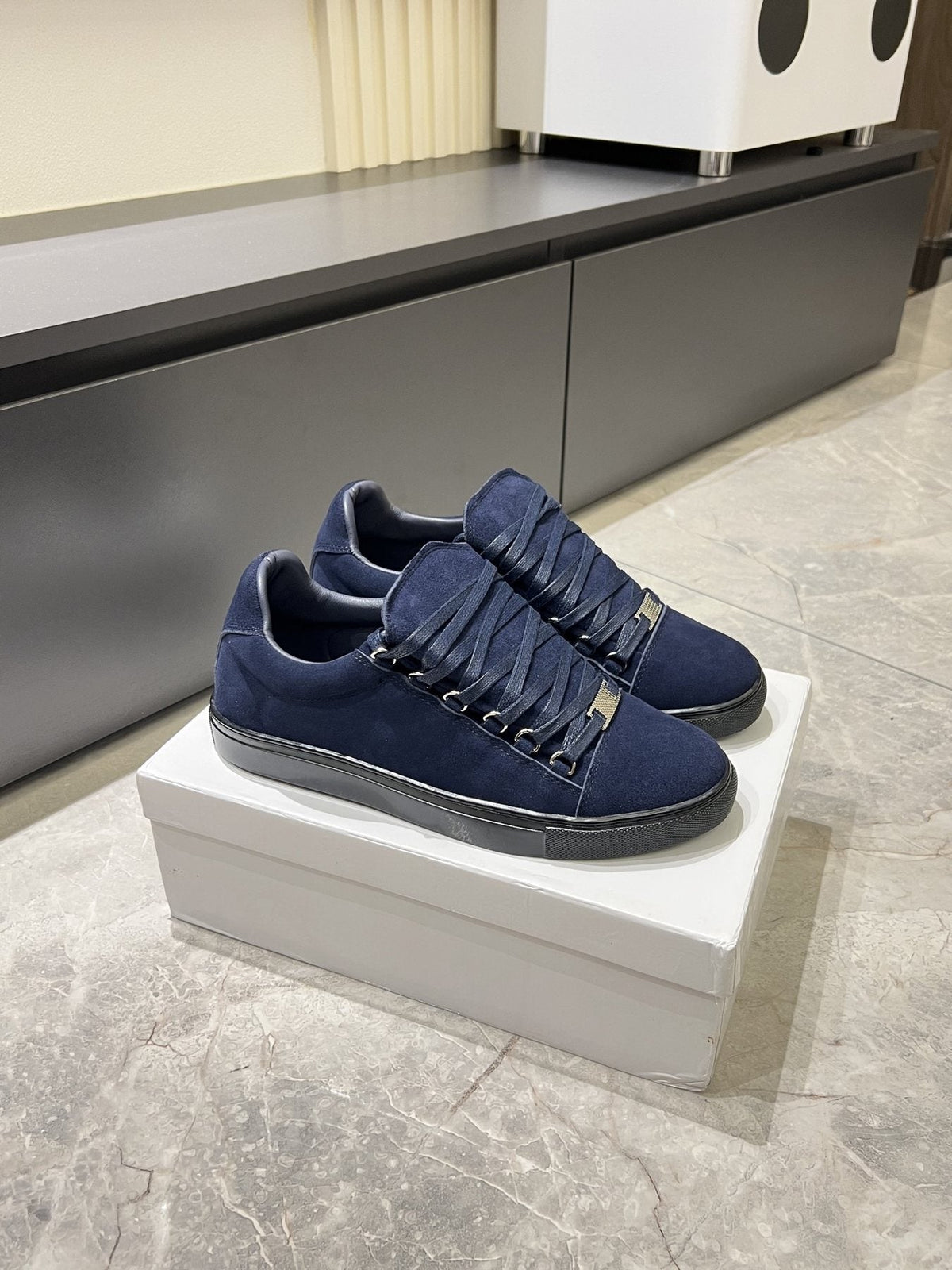 Balenciaga Navy Blue Textured Low-Top Sneakers — side