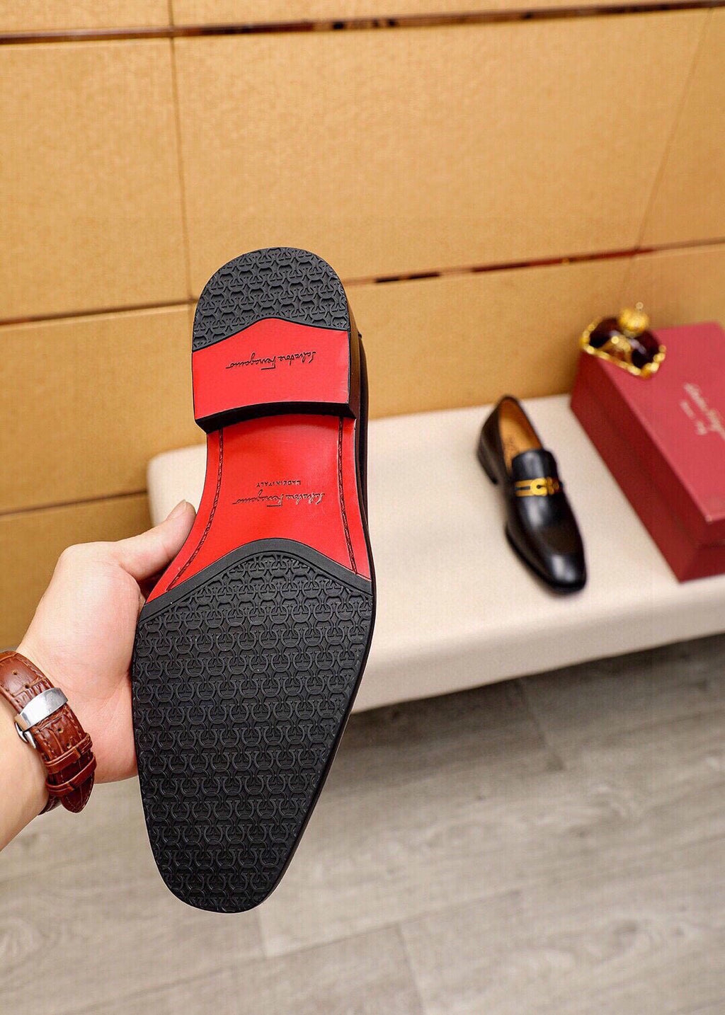 Ferragamo Black Leather Hardware Loafers — detail