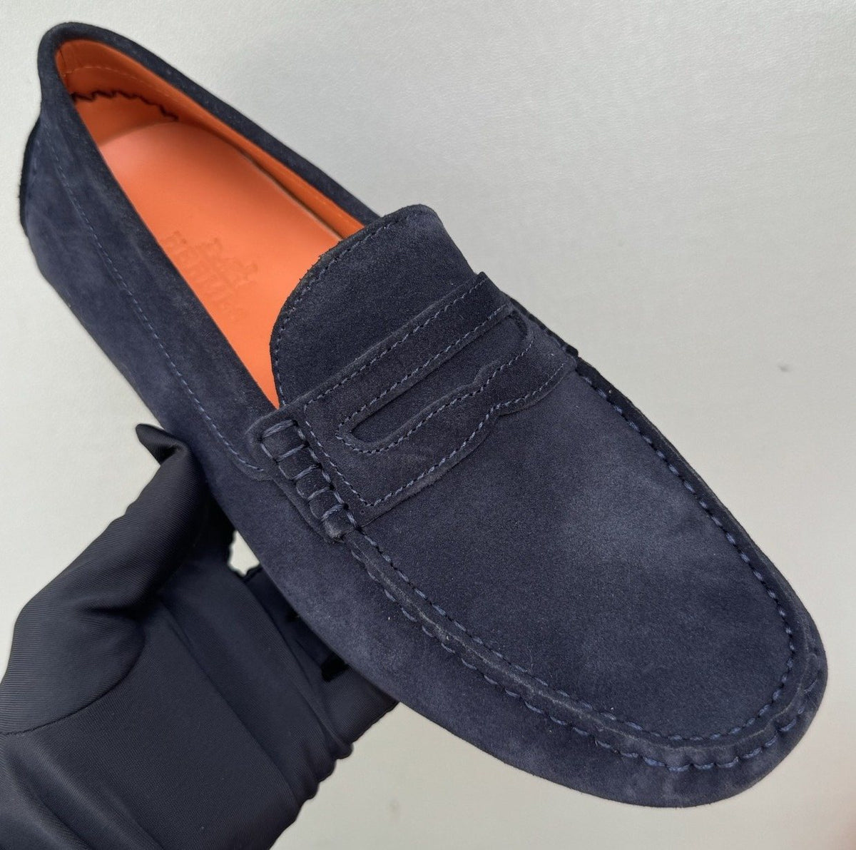 Hermès Navy Suede Driving Loafers — hero