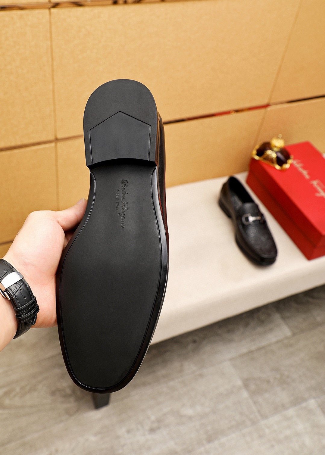 Ferragamo Black Embossed Buckle Loafers — detail