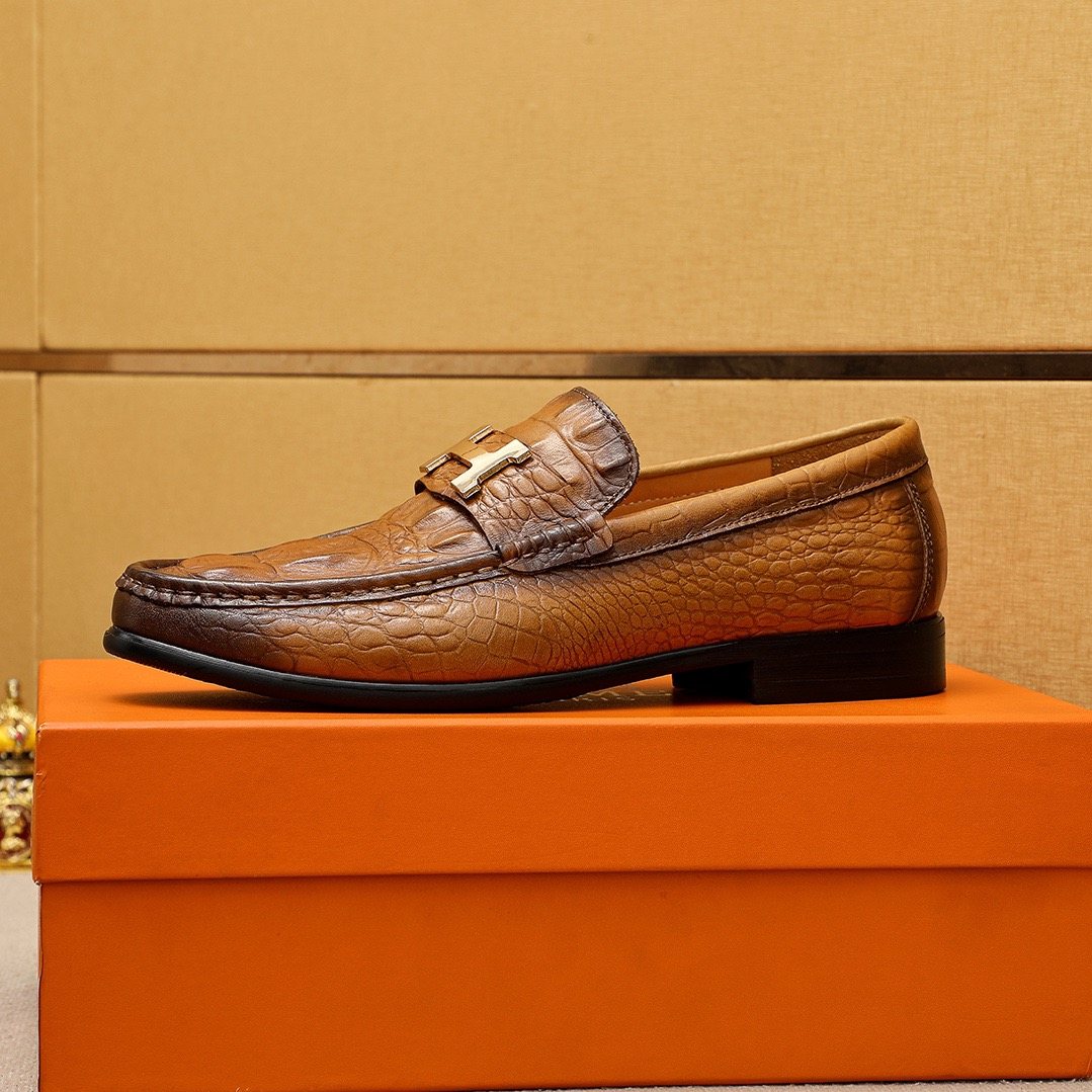 Hermès Crocodile-Embossed H-Hardware Loafers — side